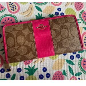 Coach Hot Pink and Brown Monogrammed Long Zip Wallet